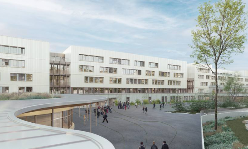 Collège-lycée Paul Valéry : ce futur démonstrateur d’innovations accueillera le 1er campus de l’intelligence artificielle porté par la Région Ile-de-France, la Ville de Paris et le rectorat. Durant 3 ans, 1 850 élèves vont côtoyer les compagnons sur ce chantier. L’opération consiste en la rénovation et l'extension de la cité mixte régionale Paul Valéry située à Paris 12è. Le bâtiment de 200m de long et de 14 000 m² de surface, sera réhaussé d’un 4è étage en bois. Les autres extensions sont prévues en partie en béton bas carbone pour le socle et les fondations, et en bois pour le 1e étage. 12 logements seront isolés avec des matériaux biosourcés. Au total, plus de 42 kg/m² de matériaux biosourcés seront mis en œuvre sur le neuf. Dès la phase conception, le réemploi des matériaux in situ est mis en place en collaboration avec Elan et les Compagnons du Devoir et du Tour de France. (Maitrise d’ouvrage : Région Ile-de-France, la Ville de Paris et le rectorat / Maîtrise d’œuvre : Agence Engasser & Associés).