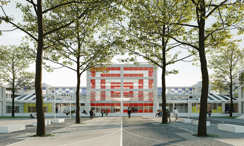 Collège Anne Frank à Antony : ce projet comprend la réhabilitation et la rénovation énergétique durant 30 mois du collège tout en respectant l’architecture de Jean Nouvel des années 80. Un collège provisoire composé de 145 modules préfabriqués est construit, préalablement à la réhabilitation du collège existant, pour accueillir 410 élèves durant les travaux. Il sera ensuite légué à la ville d’Antony qui pourra le mettre à profit pour d’autres chantiers de réhabilitation d’écoles. Le bâtiment principal, les logements de fonction, un gymnase et la cour du collège présents sur ce site de 17 000m², seront remodelés. (Maîtrise d’ouvrage : Conseil Départemental des Hauts-de-Seine. Maîtrise d’œuvre : MARS Architectes -Collège réhabilité / Atelier Dutrevis - Collège modulaire).